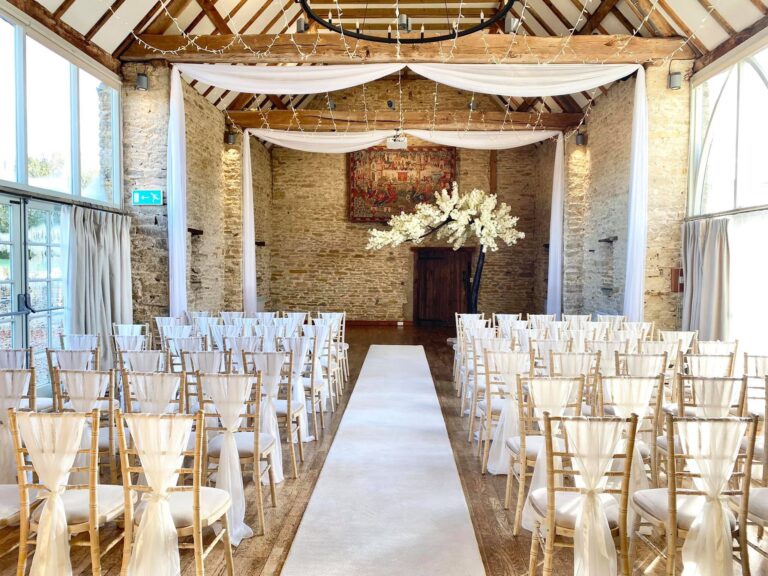 Beam drapes -Ivory Cherry Blossom Canopy Tree - Aisle Runner - Ivory Vertical Drop at The Great Barn