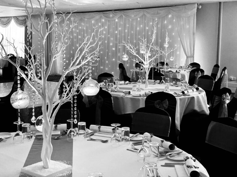 Christmas Parties - starlight backdrop - manzanita tree centrepieces - black lycra covers silver bows