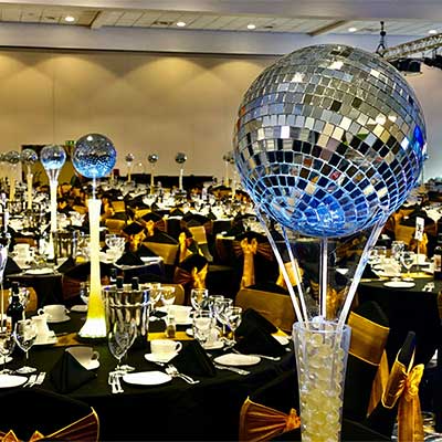 Corporate - 60cm Lily Vase with Mirror Ball - black lycra covers with copper gold bows