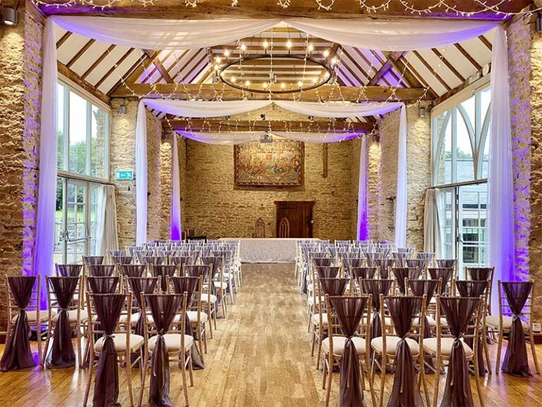 Mink Vertical Drop - Silver ribbon - The Great Barn - Fairy Light Canopy & Beam Drapes - up-lighting